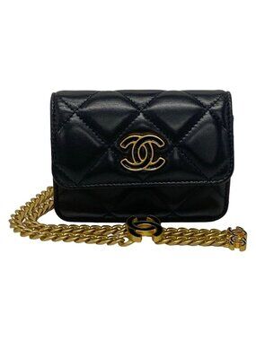 Chanel Waist Pouch Quilted Black Chain Belt Vintage Gold Lambskin